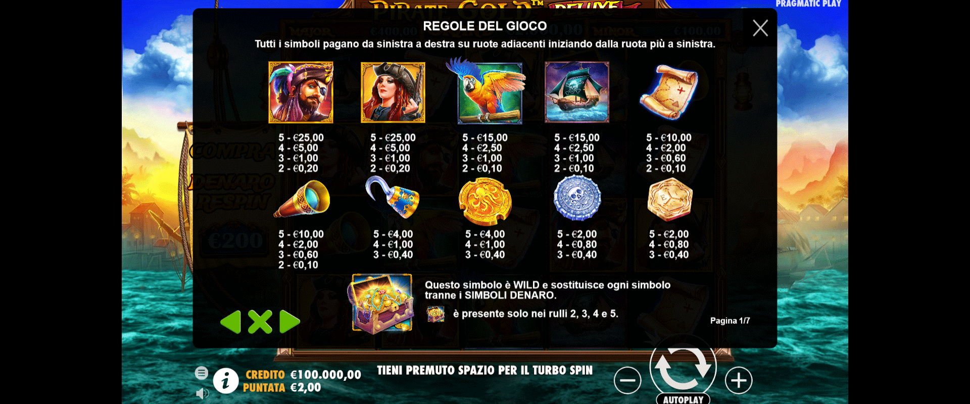 tabella dei simboli della slot machine pirate gold deluxe
