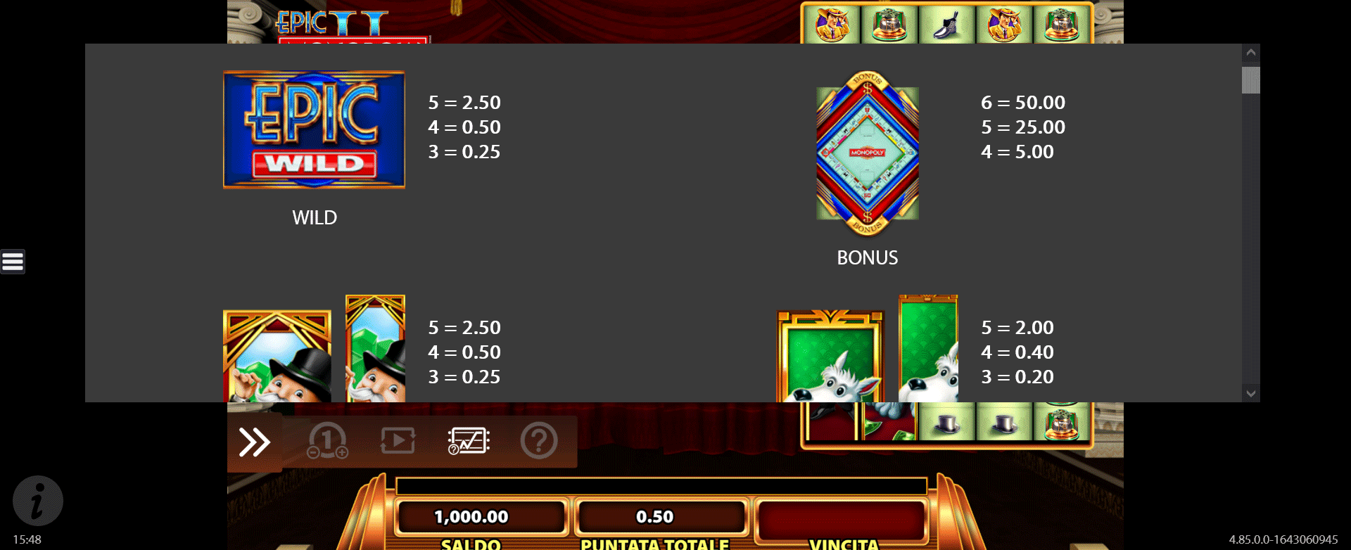 tabella pagamenti Slot Epic Monopoly II