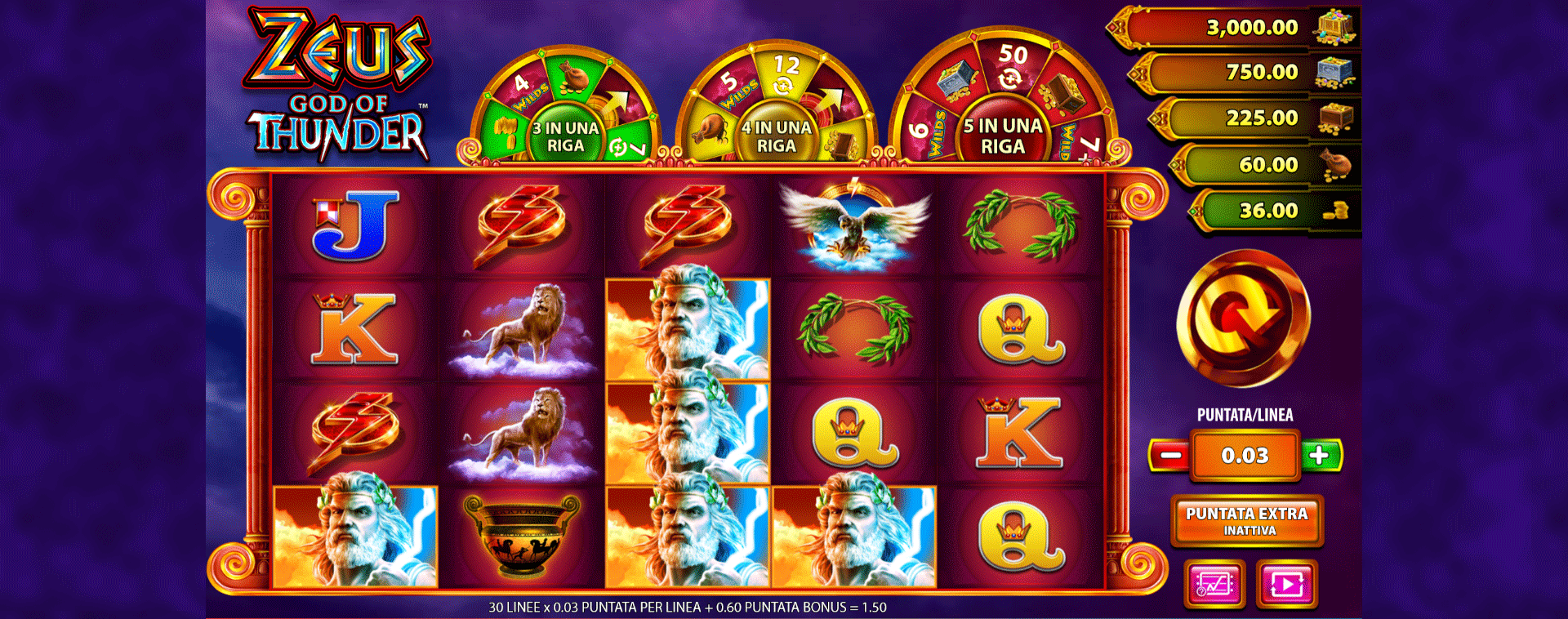 schermata del gioco slot machine zeus god of thunder