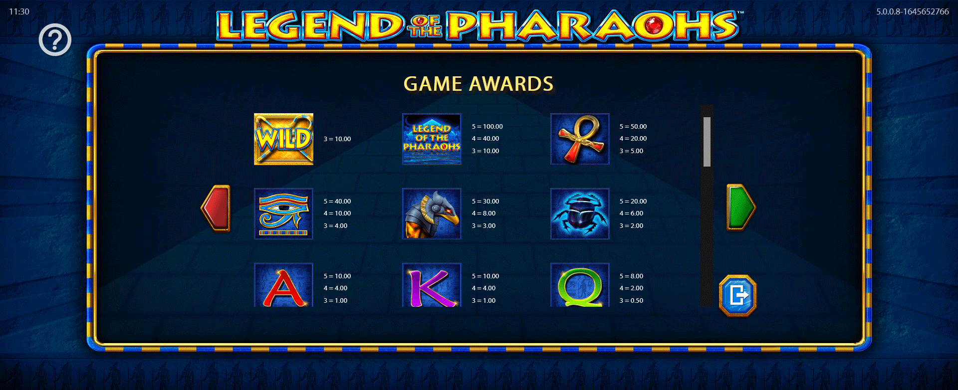 tabella dei simboli della slot machine legend of the pharaohs