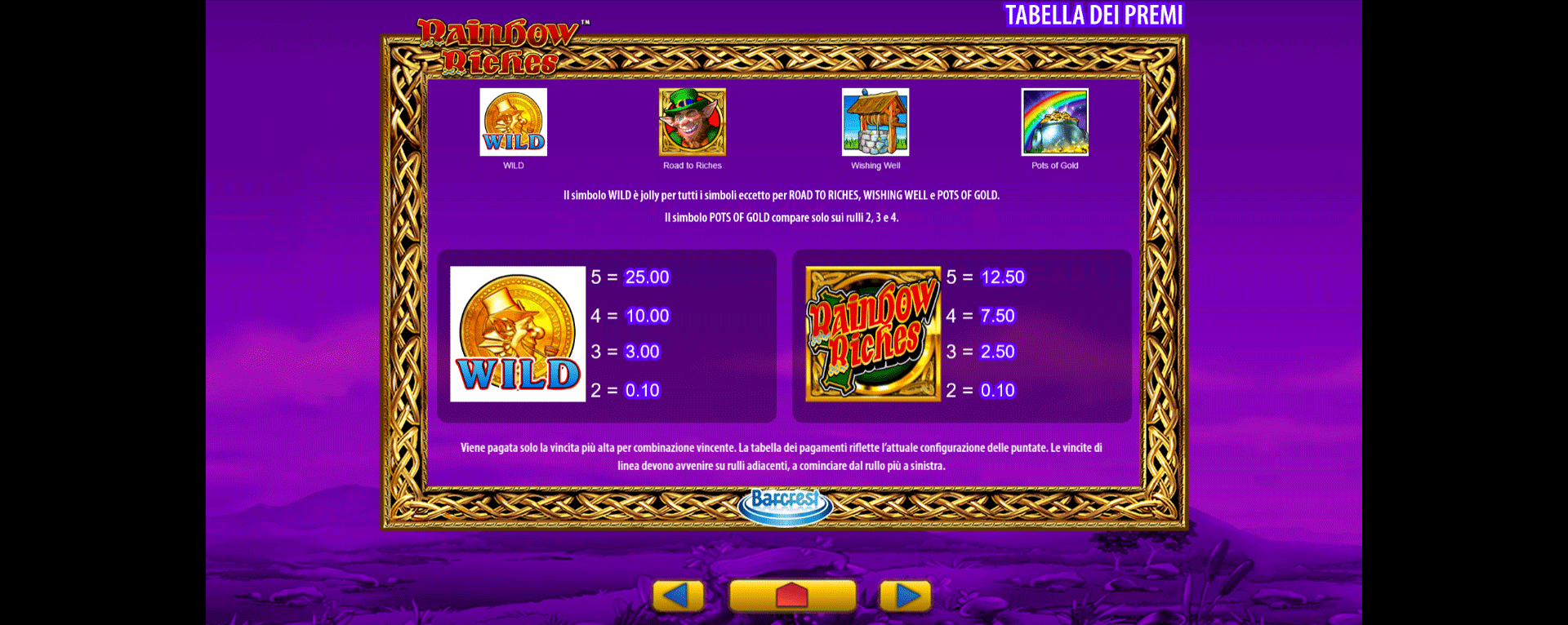 paytable slot machine rainbow riches