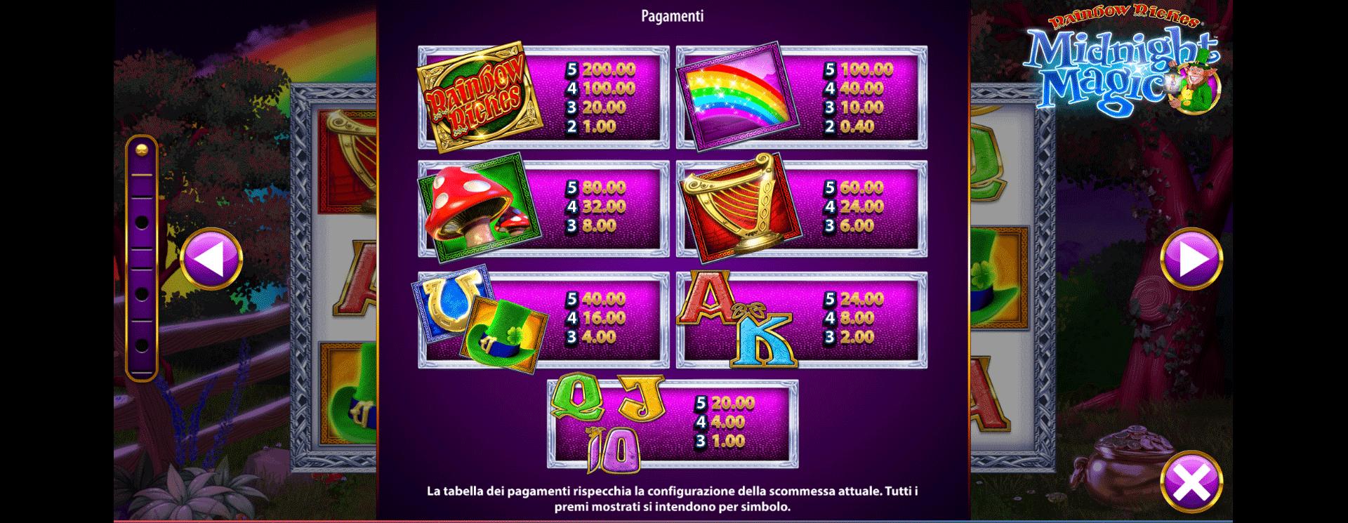 paytable della slot machine rainbow riches midnight magic