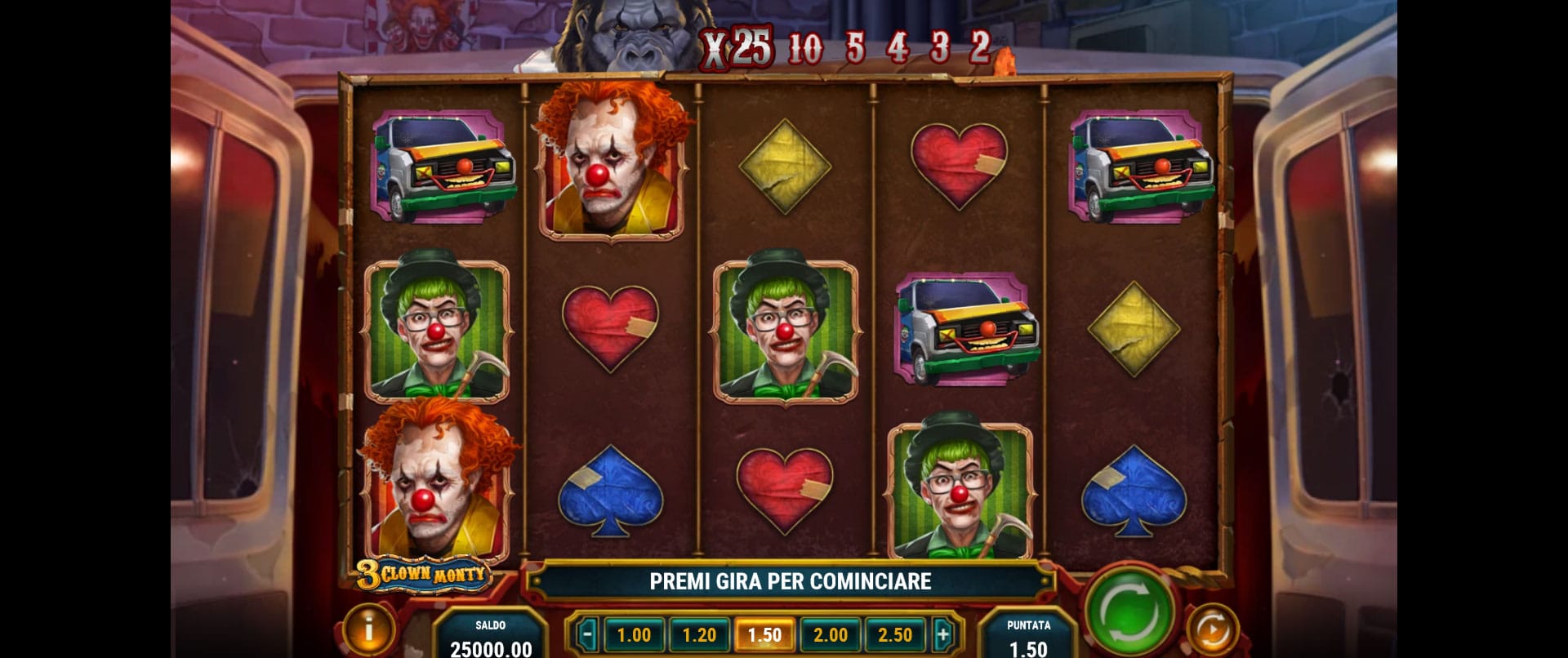 griglia di gioco della slot machine 3 clown monty