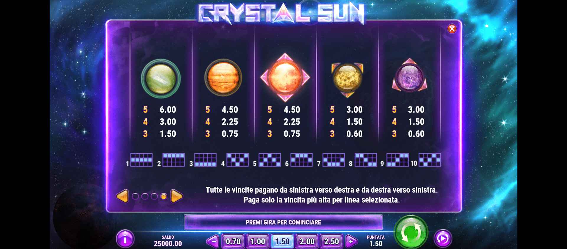 tabella delle vincite della slot machine crystal sun