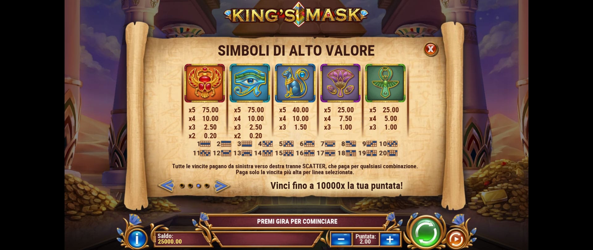 tabella dei pagamenti della slot online king's mask