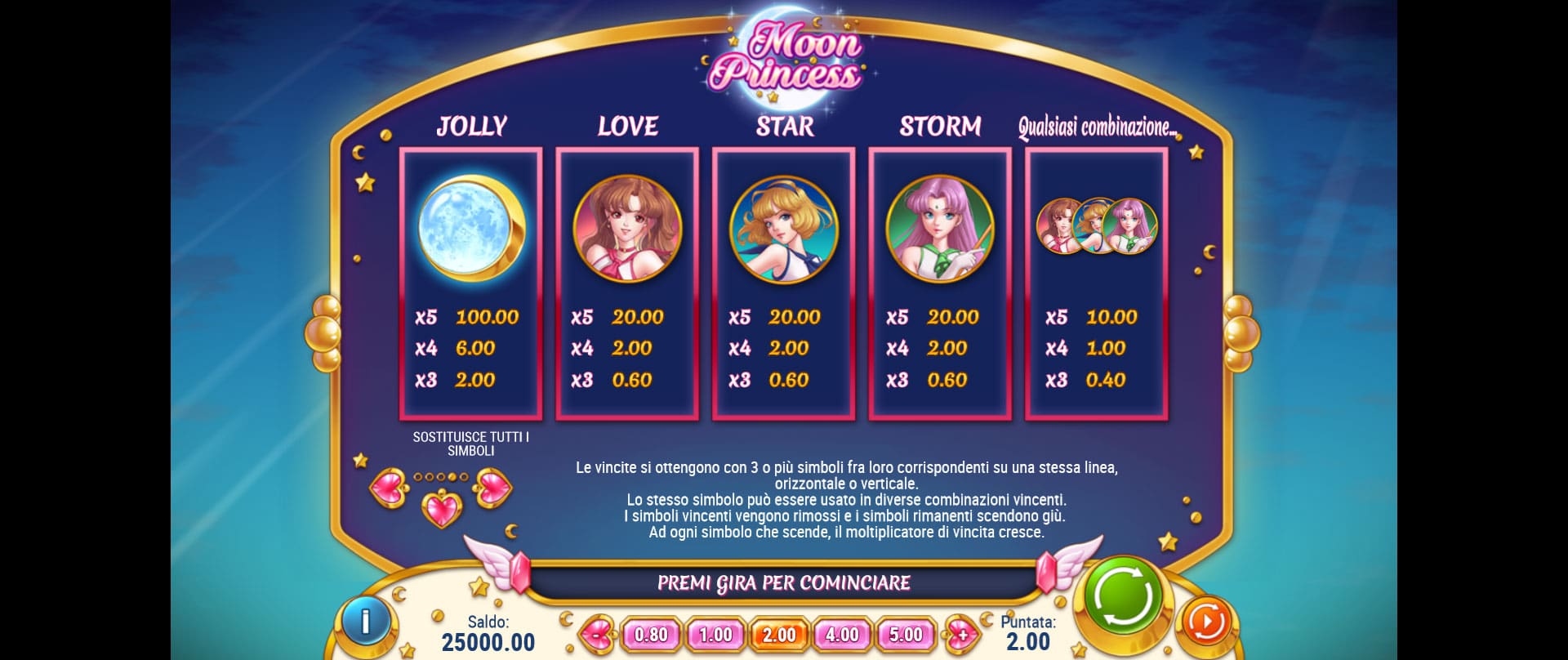 paytable della slot machine moon princess