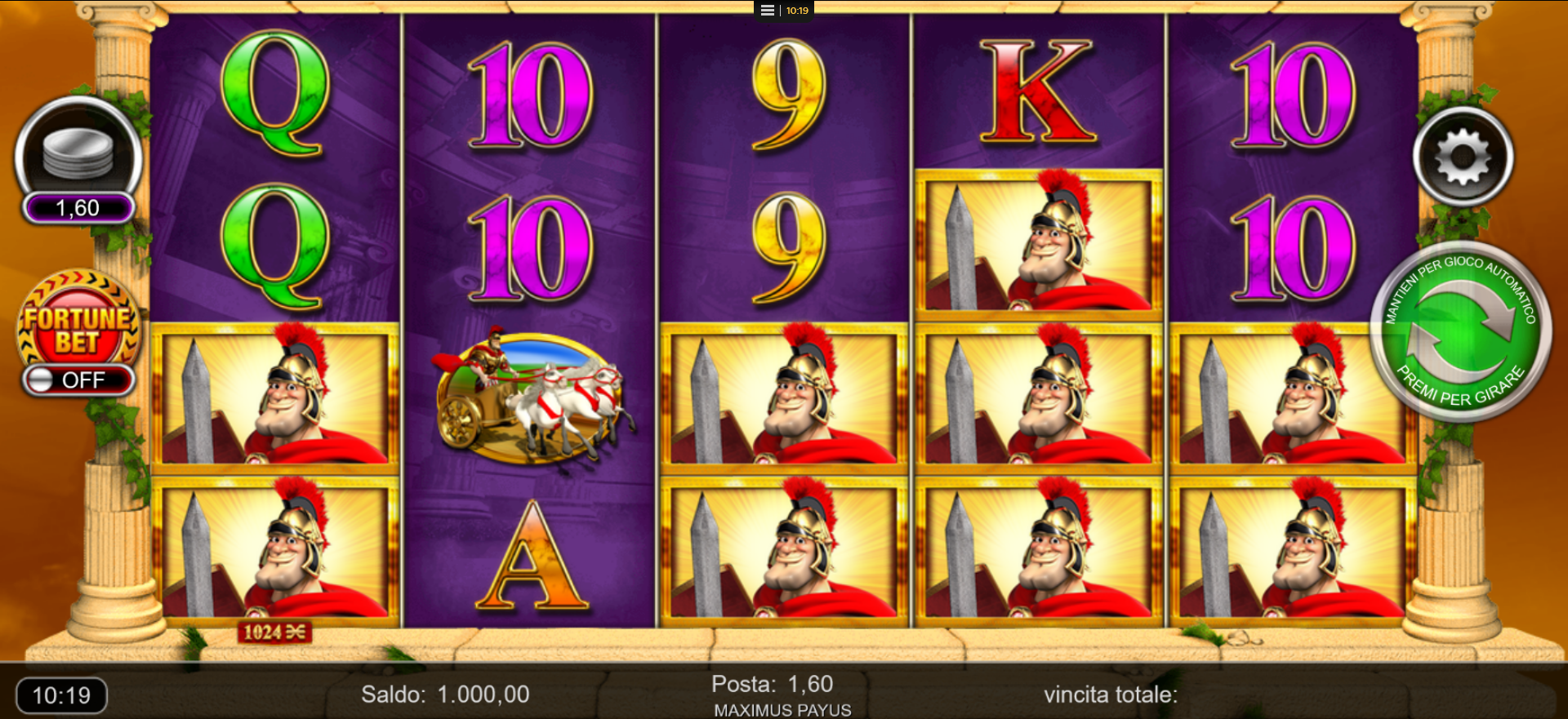 schermata del gioco slot machine maximus payus