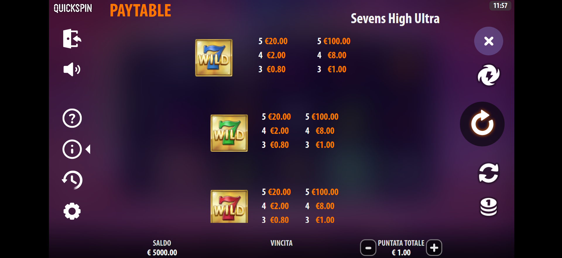 tabella dei premi della slot online sevens high ultra