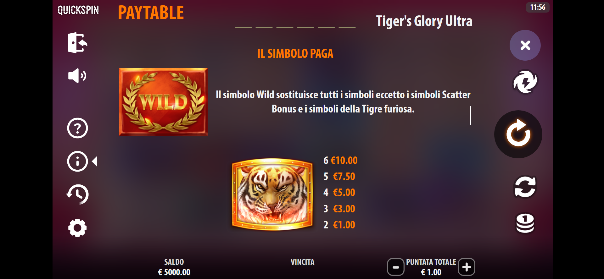 tabella dei pagamenti della slot machine tiger's glory ultra