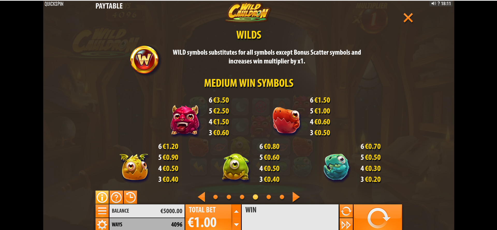 tabella dei premi della slot online wild cauldron