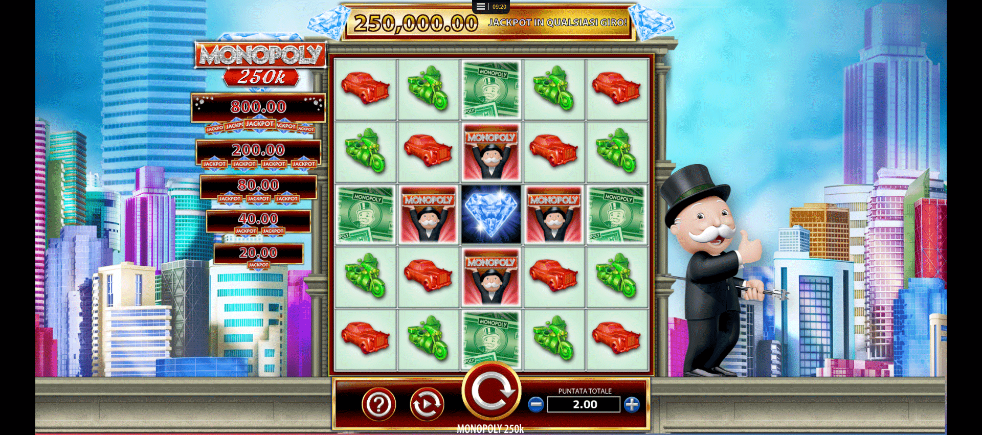 griglia del gioco slot machine monopoly 250k