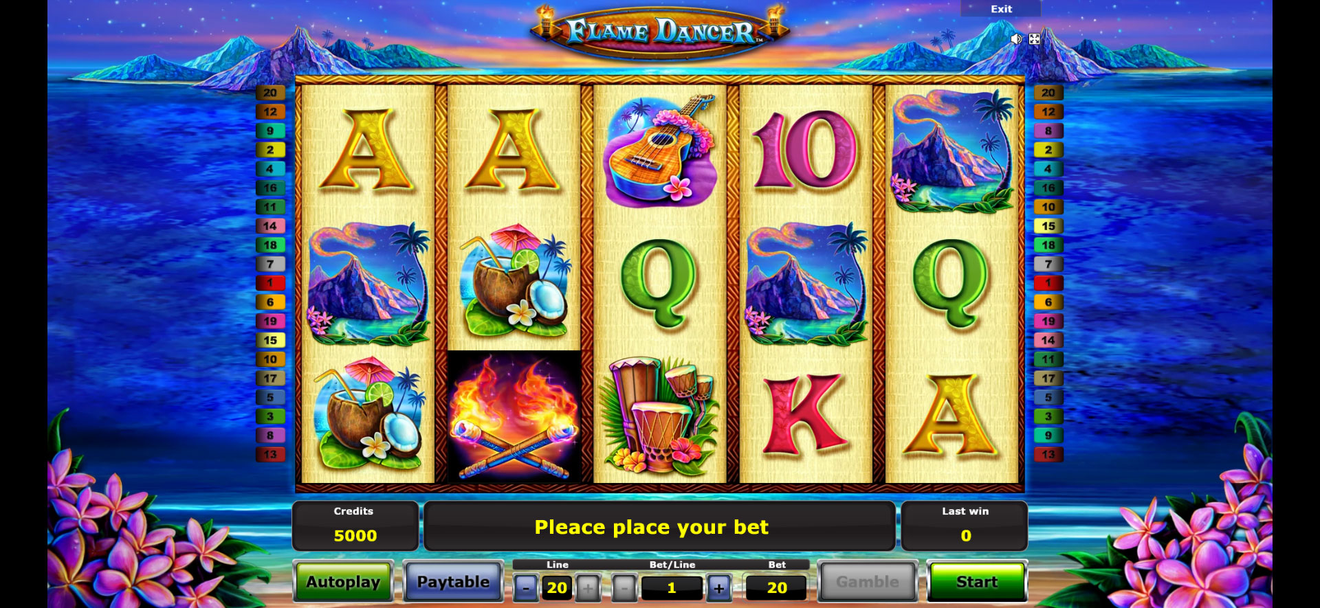 schermata di gioco della slot machine flame dancer