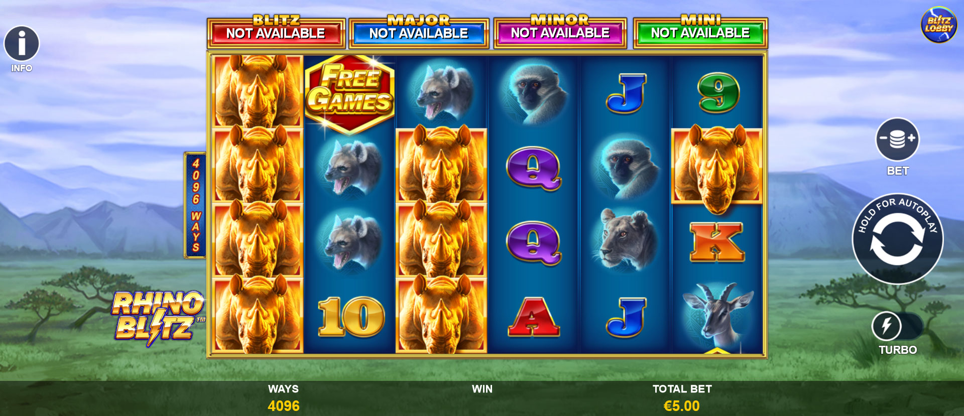 schermata del gioco slot machine Rhino Blitz