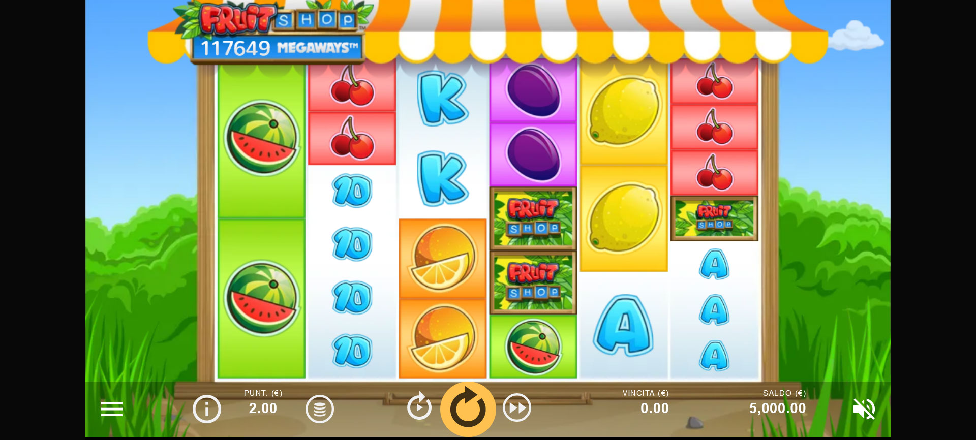 schermo del gioco slot machine Fruit Shop Megaways