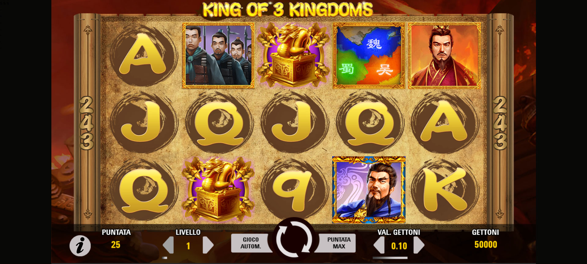 griglia di gioco della slot machine King of 3 Kingdoms