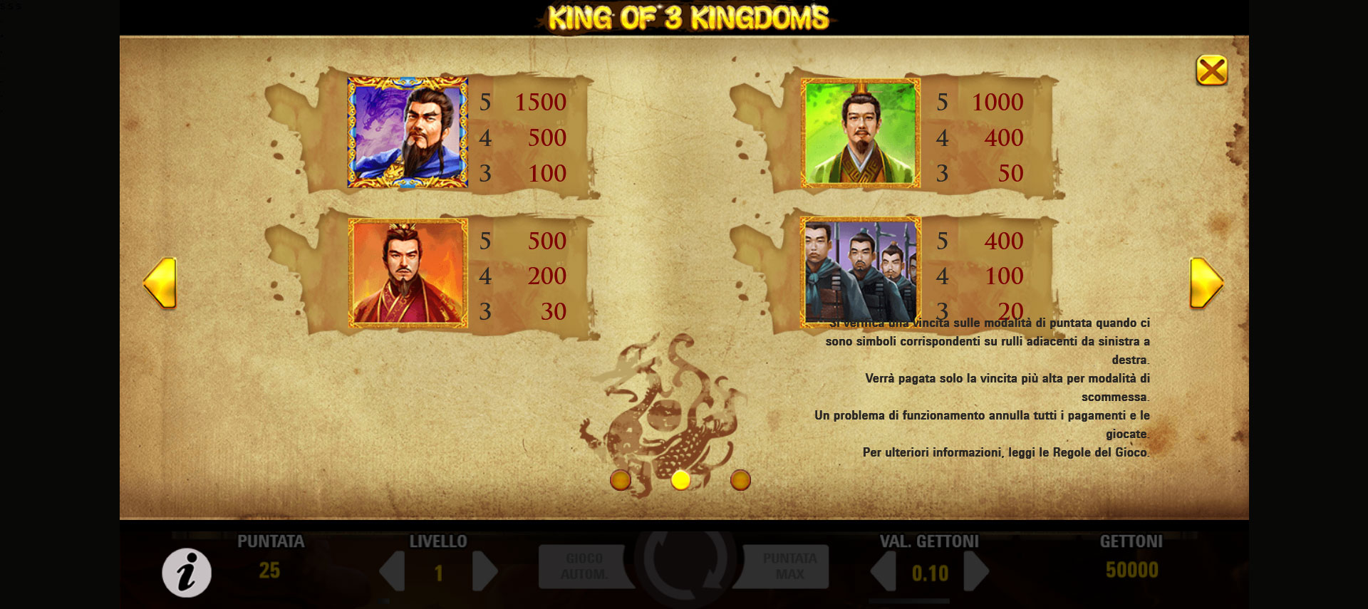 tabella dei simboli della slot online King of 3 Kingdoms